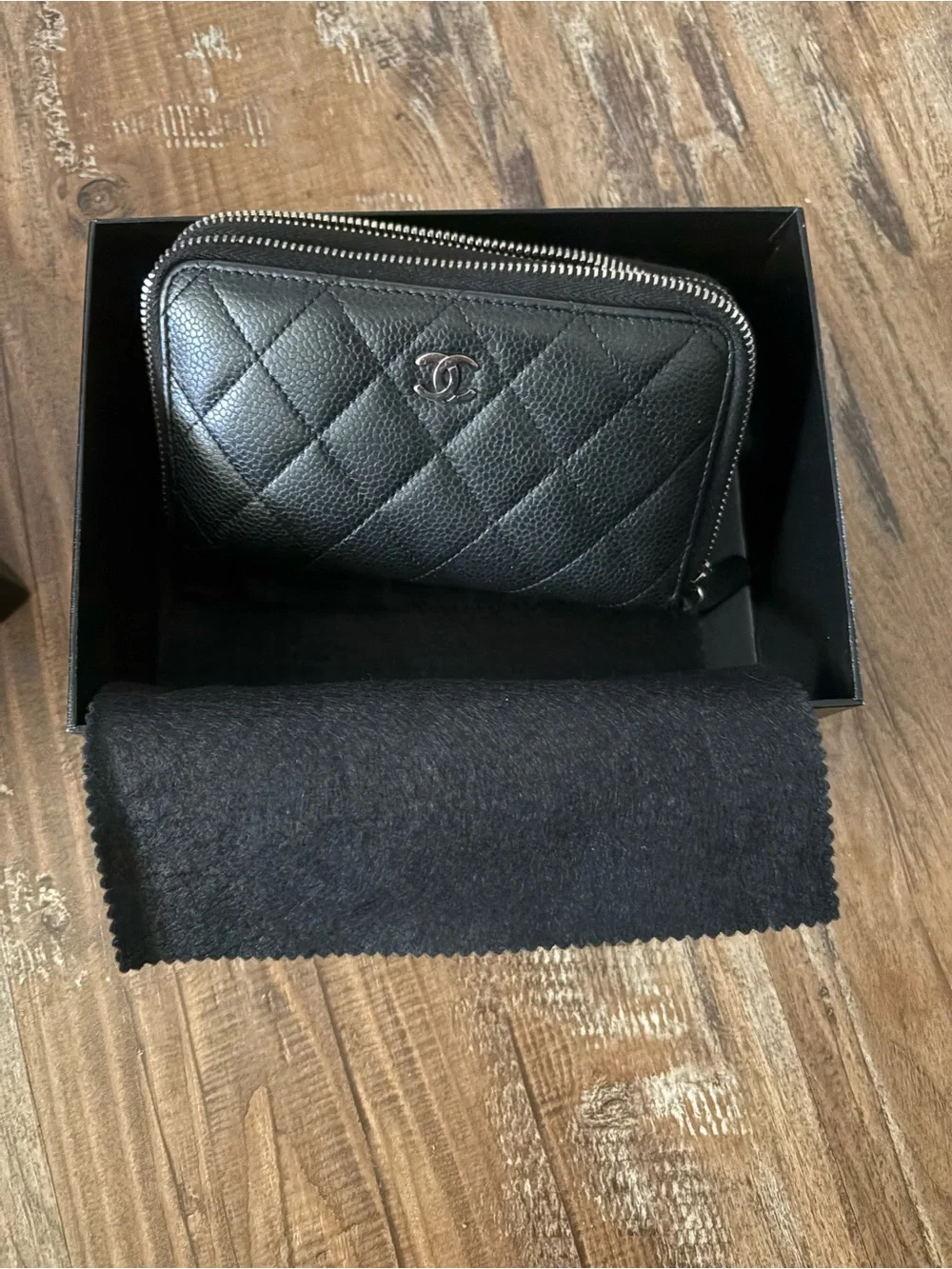 CHANEL Black Quilted Caviar Leather Double Zip Wallet
